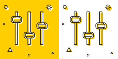 Siyah Müzik eşitleyici simgesi sarı ve beyaz arkaplanda izole edildi. Ses dalgası. Ses dijital dengeleyici teknolojisi, konsol paneli, nabız müzikali. Rastgele dinamik şekiller. Vektör.