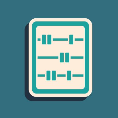 Yeşil Abaküs simgesi yeşil arkaplanda izole edildi. Geleneksel sayım çerçevesi. Eğitim işareti. Matematik okulu. Uzun gölge tarzı. Vektör.