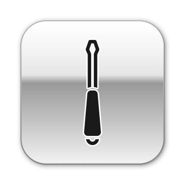 Beyaz arkaplanda siyah tornavida simgesi izole edildi. Servis aracı sembolü. Gümüş kare düğme. Vektör.