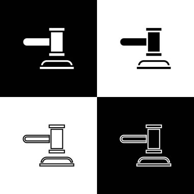 Yargıç Tokmak simgesini siyah beyaz arkaplanda ayır. Gavel cezaların, faturaların, mahkemenin, adaletin hükmünü verecek. Açık arttırma çekici. Vektör.
