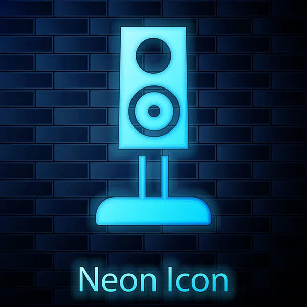 Zářící Neon Stereo Reproduktor Ikona Izolované Pozadí Cihlové Zdi Reproduktory — Stockový vektor