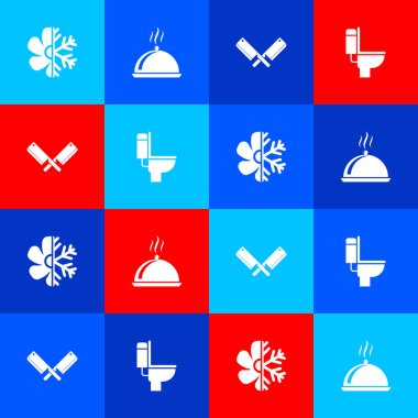 Klimayı ayarla, tepsi dolusu yiyecekle kaplı, çapraz et helikopteri ve klozet ikonu. Vektör.