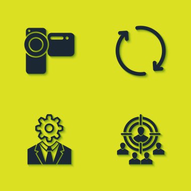 Sinema kamerası, pazarlama hedef stratejisi, teçhizatlı kafa ve ikonu yenile. Vektör.