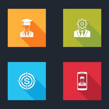 Mezuniyet şapkasıyla mezun ol, kafanda teçhizat olsun, hedef dolar ve akıllı telefon iletişim ikonu olsun. Vektör.