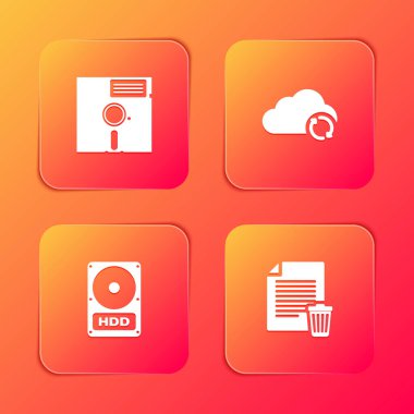 Disket diskini 5.25 inçlik, Bulut senkronizasyonu yenilenmesi, Hard disk HDD ve Sil dosya simgesine ayarla. Vektör.