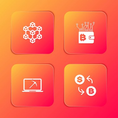 Blockchain teknolojisi, Kripto para birimi cüzdanı, dizüstü bilgisayarı, kazması ve takas ikonu olan madencilik. Vektör.