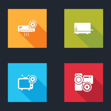 Klima ayarını, tost makinesini, televizyonu ve video kamera simgesini ayarla. Vektör.