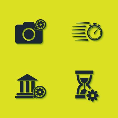 Fotoğraf makinesi ayarlarını, kum saatini, banka binasını ve Stopwatch simgesini ayarla. Vektör.