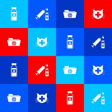 Hayvan ilacı, şırınga, hayvan aşısı, tıbbi veteriner dosyası ve veteriner kliniği ikonu hazırla. Vektör.