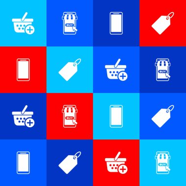 Alış veriş sepetine, cep telefonuna, cep telefonuna, cep telefonuna ve etiket fiyat simgesine ekle. Vektör.