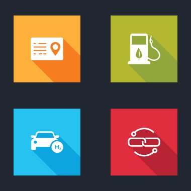 Adres defteri, yakıt deposu, hidrojen arabası ve zincir bağlantı hattı ikonu olan biyoyakıt ayarlayın. Vektör.