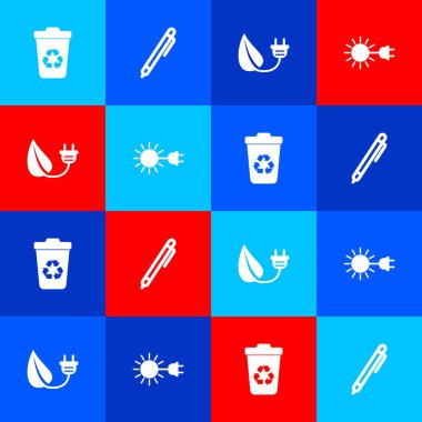 Geri dönüşüm kutusunu geri dönüşüm, Pen, Elektrik prizi yaprağı ve Güneş elektrik ikonu ile ayarla. Vektör.