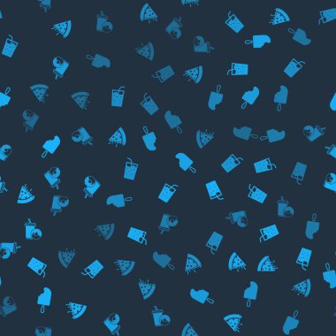 Bir dilim pizza, suyla cam, dondurma ve soda, kusursuz desenli donut. Vektör.