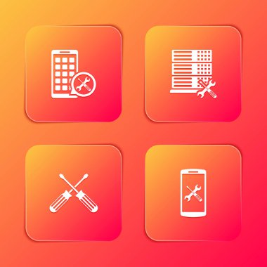 Mobil Uygulamalar servisini, Veritabanı sunucusunu, çapraz tornavidaları ve Akıllı Telefon simgesini ayarla. Vektör.
