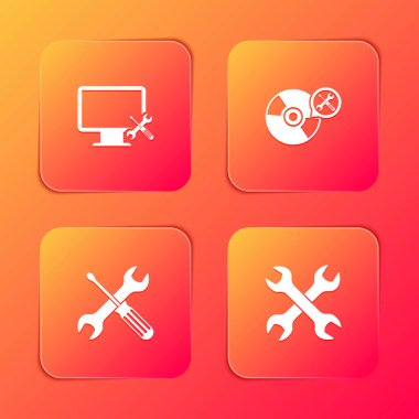 Bilgisayar monitör servisini, CD DVD diskini, çapraz tornavida ve anahtar ve anahtar simgesini ayarla. Vektör.