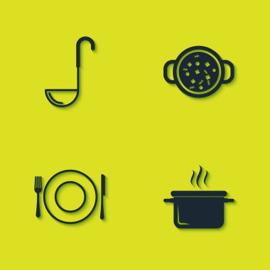 Mutfak kepçesi, tencere, tabak, çatal, bıçak ve çorba ikonu. Vektör.