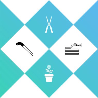 Bahçe testeresi, saksıda çiçek, bahçe makası ve yangın hortumu ikonu. Vektör.