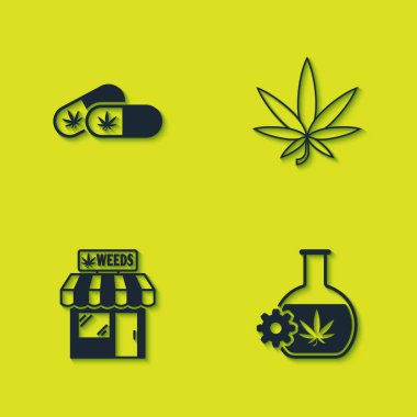 Tıbbi hapları marihuana, test tüpü, marihuana, esrar dükkanı ve yaprak ikonu ile ayarla. Vektör.
