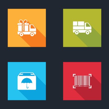 Teslimat kamyonunu hediye, kutu, şemsiye ve barkod simgesiyle ayarlayın. Vektör.