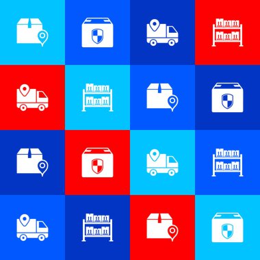 Konumu karton kutu, teslimat güvenlik kalkanı, izleme ve depo simgesi ile ayarlayın. Vektör.