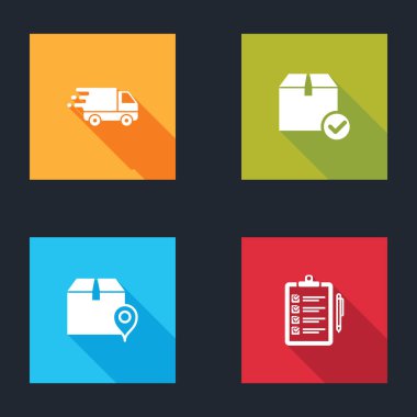 Nakliye kamyonunu hareket halinde, paket kutusunu işaretli, konum kartonunu ve teslimat listesi simgesini onayla. Vektör.