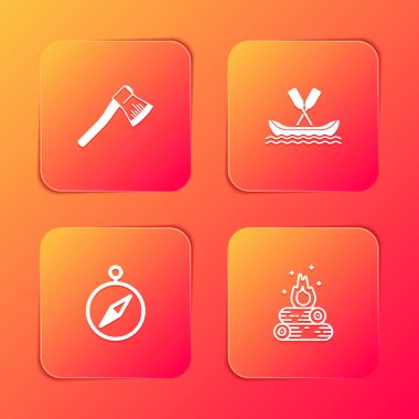 Tahta baltayı, rafting teknesini, pusulayı ve kamp ateşi ikonunu hazırla. Vektör.