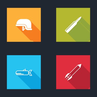 Askeri miğfer, kurşun, denizaltı ve roket ikonu. Vektör.