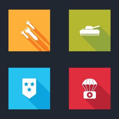 Roket, askeri tank, Chevron ve Paraşüt 'ü ilk yardım çantasıyla hazırlayın. Vektör.