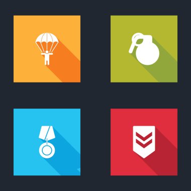 Paraşüt, el bombası, askeri ödül madalyası ve sembol ikonu. Vektör.