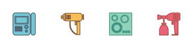 House dahili telefon sistemini, elektrikli endüstriyel kurutma makinesini, gaz ocağını ve boya sprey tabancası ikonunu ayarla. Vektör.