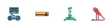 Oyun konsolunu oyun konsolu, video oyunu, oyun makinesi ve mikrofon simgesi için Joystick ile ayarla. Vektör.