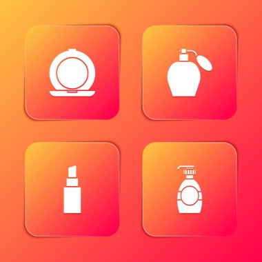 Makyaj tozunu ayna, parfüm, ruj ve bir şişe sıvı sabun ikonu ile ayarla. Vektör.