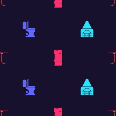 İç şömineyi, klozeti, buzdolabını ve yuvarlak masayı pürüzsüz bir şablona ayarlayın. Vektör.