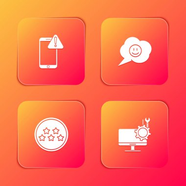 Mobil 'i ünlem işareti, gülen surat, beş yıldızlı değerlendirme ve bilgisayar monitörü servis simgesi ile ayarla. Vektör.