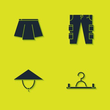 Etek, elbise askısı, Asya konik şapkası ve kargo pantolon ikonu. Vektör.