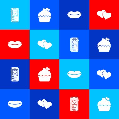 Hareketli kalp, düğün pastası, gülen dudaklar ve kalp ikonu. Vektör.