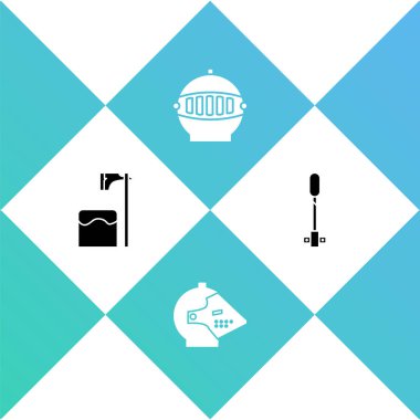 Cellat baltasını ağaç bloğuna, ortaçağ demir miğferine ve Meşale alev ikonuna yerleştir. Vektör.