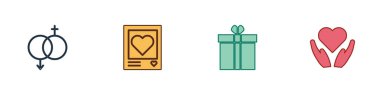Cinsiyet, fotoğraf çerçeveleri ve kalpler, hediye kutusu ve kalbi el simgesine koyun. Vektör.