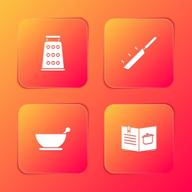 Grater, kızartma tavası, havan topu, tokmak ve yemek kitabı ikonu hazırla. Vektör.