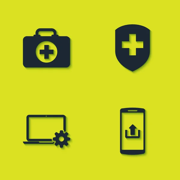 Set Ehbo Kit Smartphone Met Upload Laptop Gear Medisch Schild — Stockvector