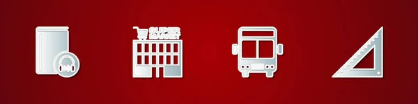 Set Hörbuch Supermarkt Gebäude Bus Und Dreieckige Lineal Symbol Vektor — Stockvektor