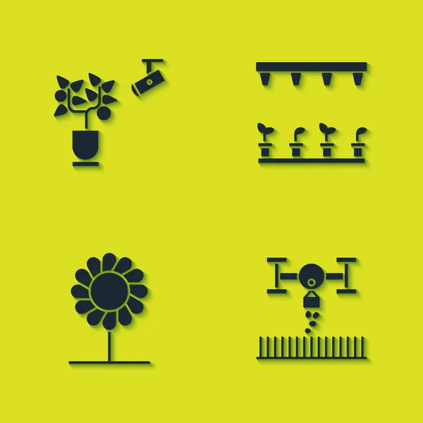 Set Smart farming technology, with drone, Flower and Automatic irrigation sprinklers icon. Vector.