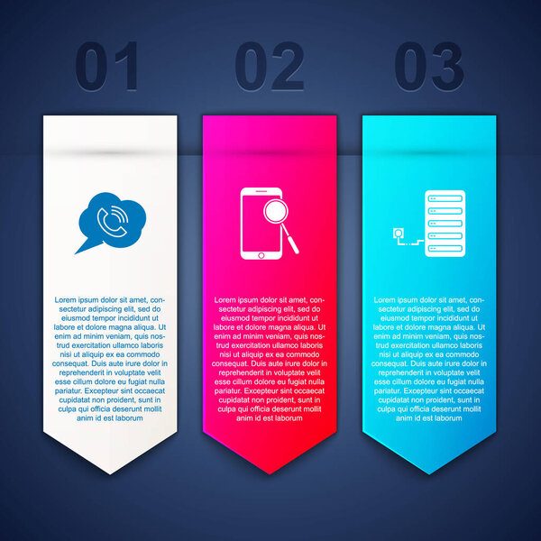 Set Speech bubble with phone call, Mobile diagnostics and Server. Business infographic template. Vector.
