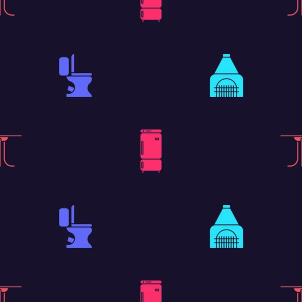 Set Interior fireplace, Toilet bowl, Refrigerator and Round table on seamless pattern. Vector. — Stock Illustration Set Interior Fireplace Toilet Bowl Refrigerator Table Seamless Pattern Vector Vector Graphics