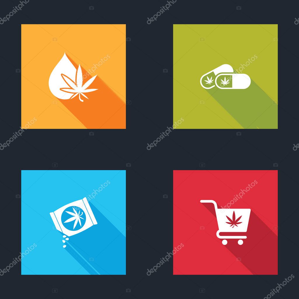 Set Marijuana or cannabis leaf oil, Medical pills with marijuana, seeds and Shopping cart icon. Vector.