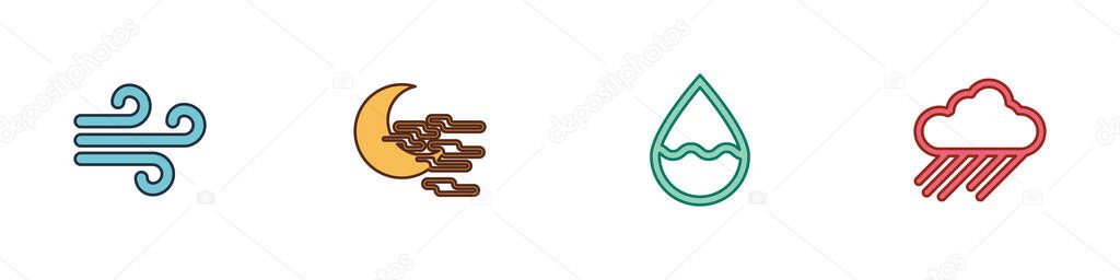 Set Wind, Fog and moon, Water drop and Cloud with rain icon. Vector.