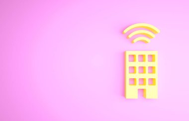 Pembe arka planda kablosuz ikonu olan Sarı Akıllı ev. Uzaktan kumanda. İnternet kavramının kablosuz bağlantısı. Minimalizm kavramı. 3d illüstrasyon 3B canlandırma