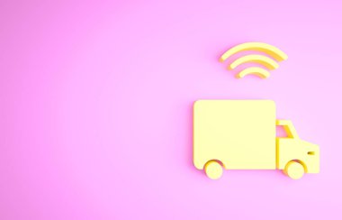 Pembe arka planda kablosuz bağlantı ikonu olan Sarı Akıllı kargo kamyonu aracı. Minimalizm kavramı. 3d illüstrasyon 3B canlandırma