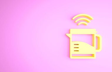 Sarı Akıllı elektrikli su ısıtıcısı sistemi simgesi pembe arka planda izole edildi. Çaydanlık ikonu. İnternet kavramının kablosuz bağlantısı. Minimalizm kavramı. 3d illüstrasyon 3B canlandırma