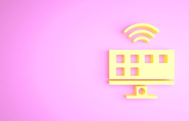 Sarı Akıllı TV sistemi simgesi pembe arkaplanda izole edildi. Televizyon tabelası. İnternet kavramının kablosuz bağlantısı. Minimalizm kavramı. 3d illüstrasyon 3B canlandırma